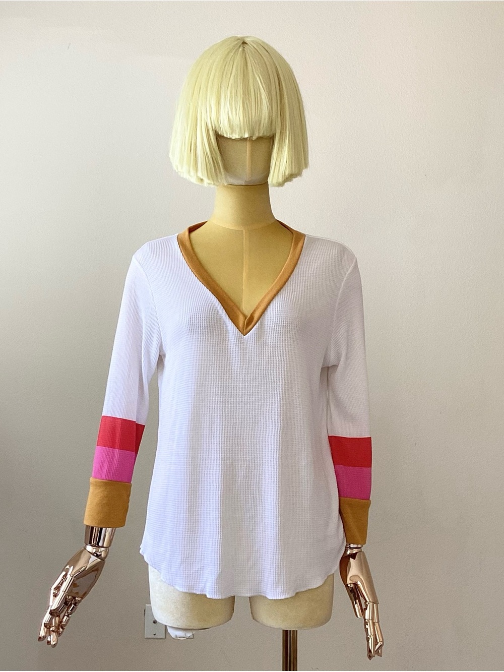 Wildfox White V-Neck Womens Top with Colorblock Cuffs SZ S